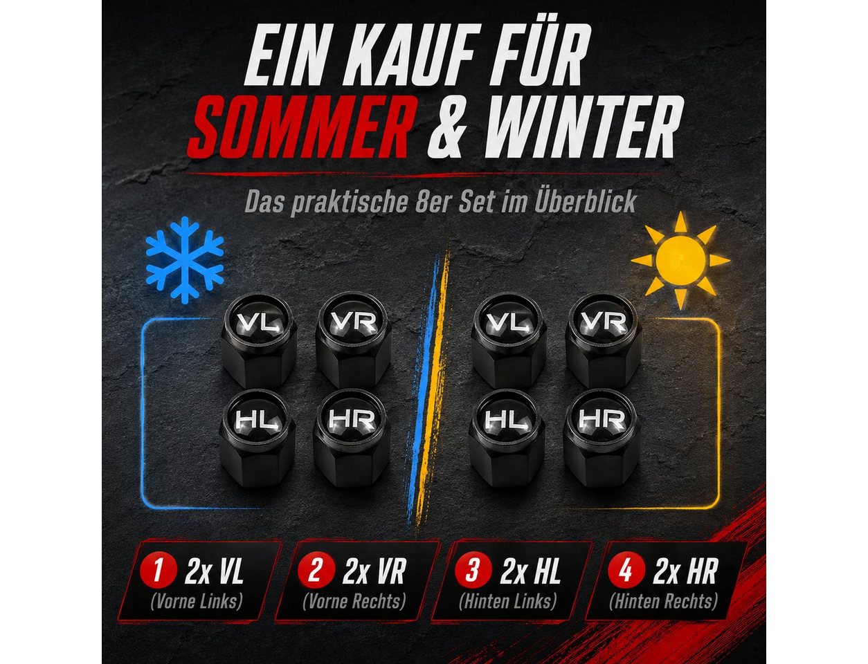 Pitlane Performance Ventilkappe Ventilkappen Auto mit Beschriftung 8 Stück, (Ventilkappen-Set, 8er-Set zur Reifenmarkierung), ABS-Ventilkappen mit integrierter  – Bild 4 von 5