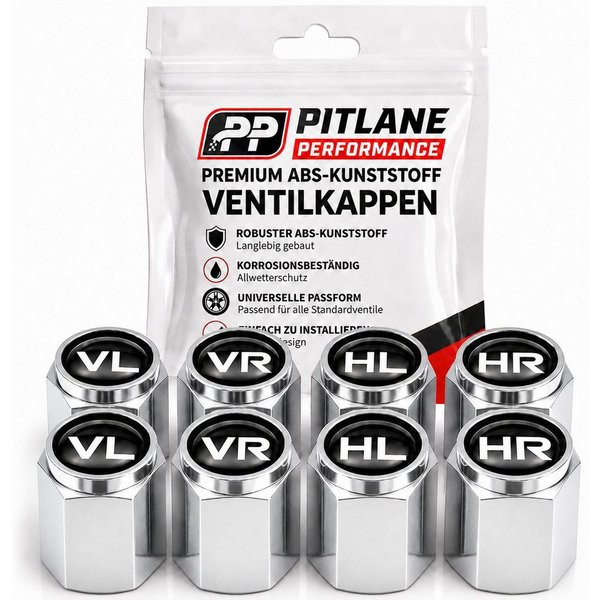 Pitlane Performance Ventilkappe Ventilkappen Auto mit Beschriftung 8 Stück, (Ventilkappen-Set, 8er-Set zur Reifenmarkierung), ABS-Ventilkappen mit integrierter 
