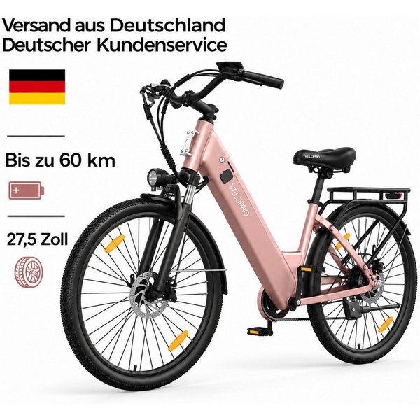 PIXAR E-Bike Cityrad Velopro C1 27,5 Zoll City Elektrofahrrad, 36 V 13 Ah Akku, 7-Gang, 7 Gang, Heckmotor, 468 Wh, Multifunktions-LCD, 250W Heckmotor, Gepäckträ