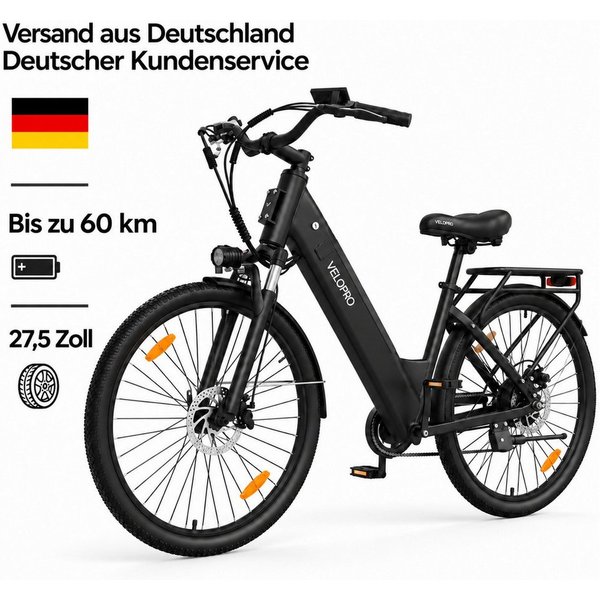 PIXAR E-Bike Cityrad Velopro C1 27,5 Zoll City Elektrofahrrad, 36 V 13 Ah Akku, 7-Gang, 7 Gang, Heckmotor, 468 Wh, Multifunktions-LCD, 250W Heckmotor, Gepäckträ