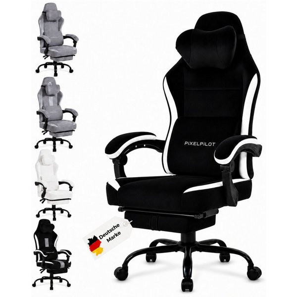 PixelPilot Gaming-Stuhl Ergonomischer Gaming-Stuhl, breite Sitzfläche, Fußstütze, bis 150 kg (Einzelartikel), Ergonomisch, atmungsaktiv, breite Sitzfläche, Rück