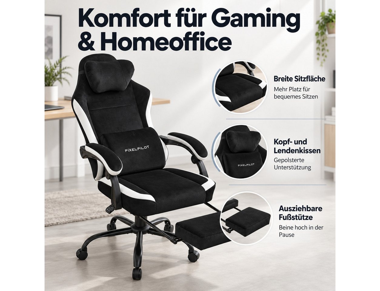 PixelPilot Gaming-Stuhl Ergonomischer Gaming-Stuhl, breite Sitzfläche, Fußstütze, bis 150 kg (Einzelartikel), Ergonomisch, atmungsaktiv, breite Sitzfläche, Rück – Bild 3 von 5