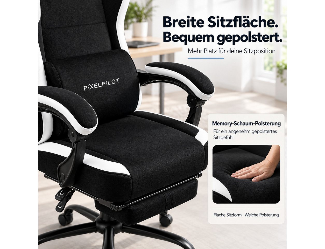 PixelPilot Gaming-Stuhl Ergonomischer Gaming-Stuhl, breite Sitzfläche, Fußstütze, bis 150 kg (Einzelartikel), Ergonomisch, atmungsaktiv, breite Sitzfläche, Rück – Bild 4 von 5