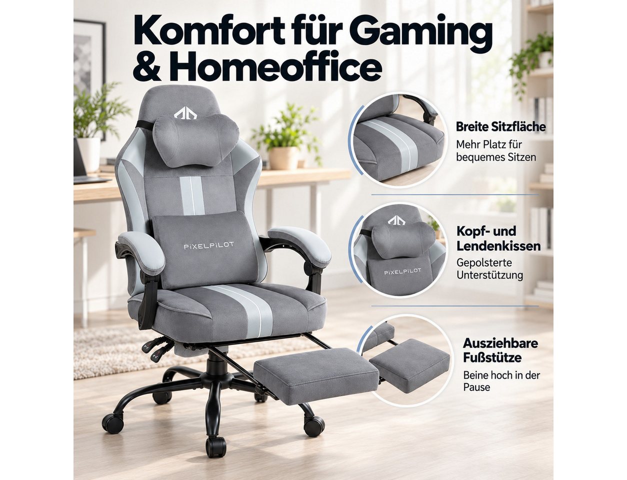 PixelPilot Gaming-Stuhl Ergonomischer Gaming-Stuhl, breite Sitzfläche, Fußstütze, bis 150 kg (Einzelartikel), Ergonomisch, atmungsaktiv, breite Sitzfläche, Rück – Bild 3 von 5