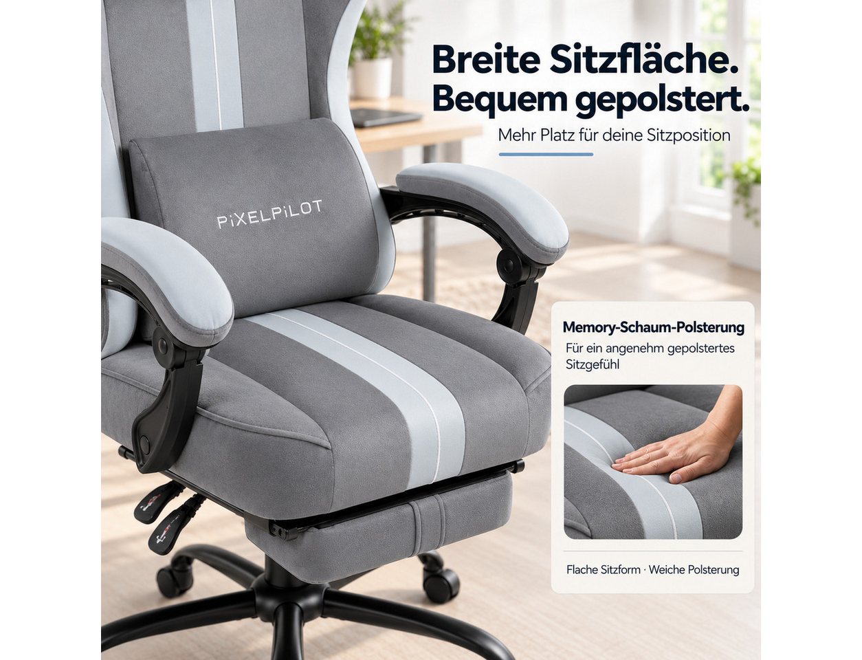 PixelPilot Gaming-Stuhl Ergonomischer Gaming-Stuhl, breite Sitzfläche, Fußstütze, bis 150 kg (Einzelartikel), Ergonomisch, atmungsaktiv, breite Sitzfläche, Rück – Bild 4 von 5