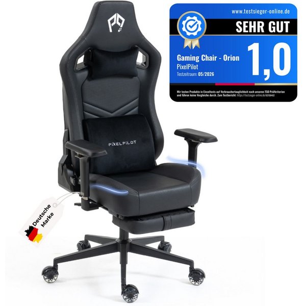 PixelPilot Gaming-Stuhl Ergonomischer Gaming-Stuhl mit 4D-Armlehnen, Taschenfedern & Fußstütze (Einzelartikel), 4D-Armlehnen, Taschenfederkern, ausziehbare Fußs