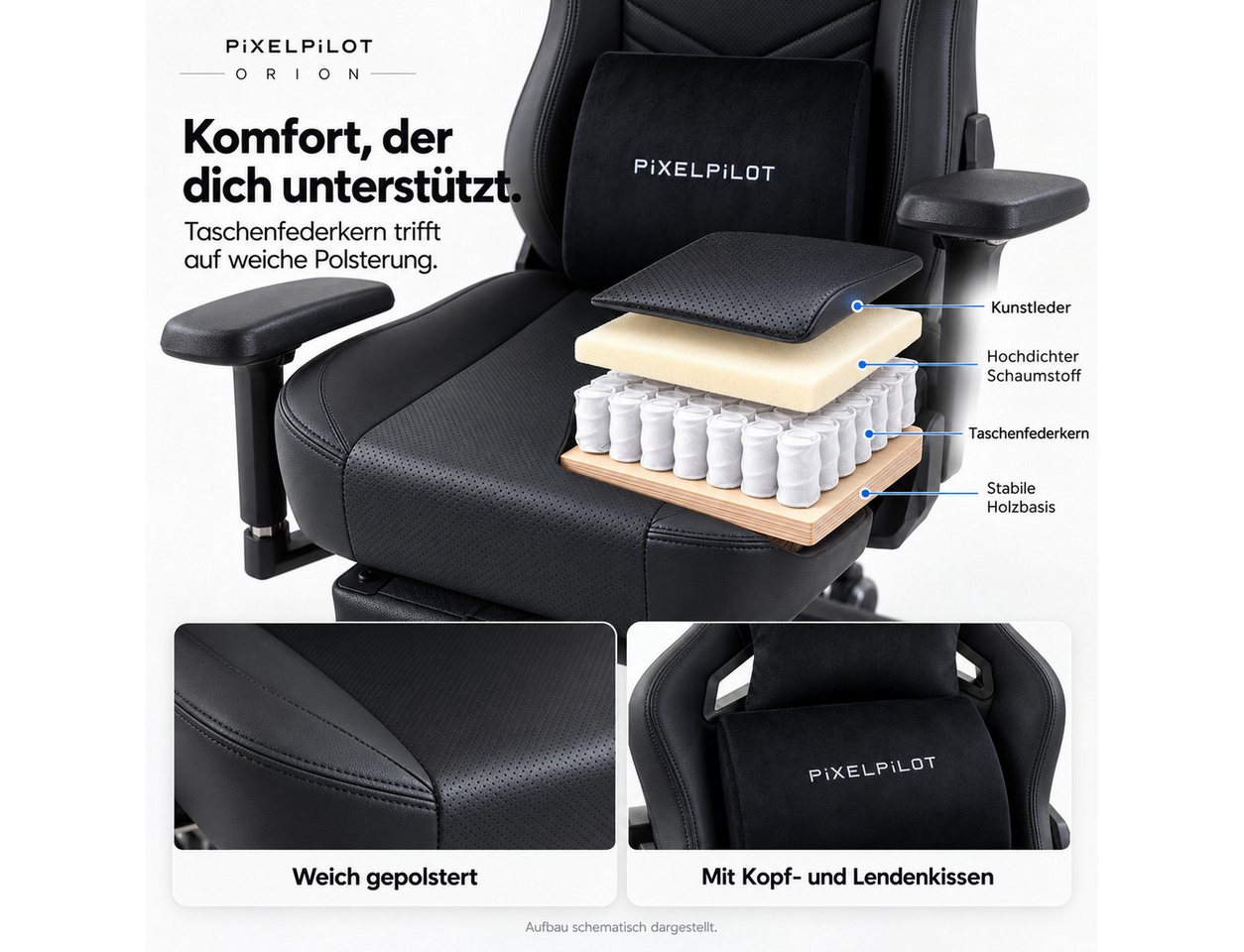 PixelPilot Gaming-Stuhl Ergonomischer Gaming-Stuhl mit 4D-Armlehnen, Taschenfedern & Fußstütze (Einzelartikel), 4D-Armlehnen, Taschenfederkern, ausziehbare Fußs – Bild 2 von 5