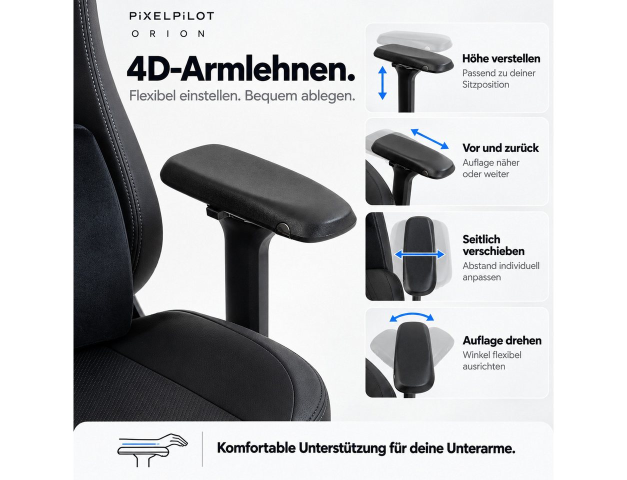 PixelPilot Gaming-Stuhl Ergonomischer Gaming-Stuhl mit 4D-Armlehnen, Taschenfedern & Fußstütze (Einzelartikel), 4D-Armlehnen, Taschenfederkern, ausziehbare Fußs – Bild 3 von 5