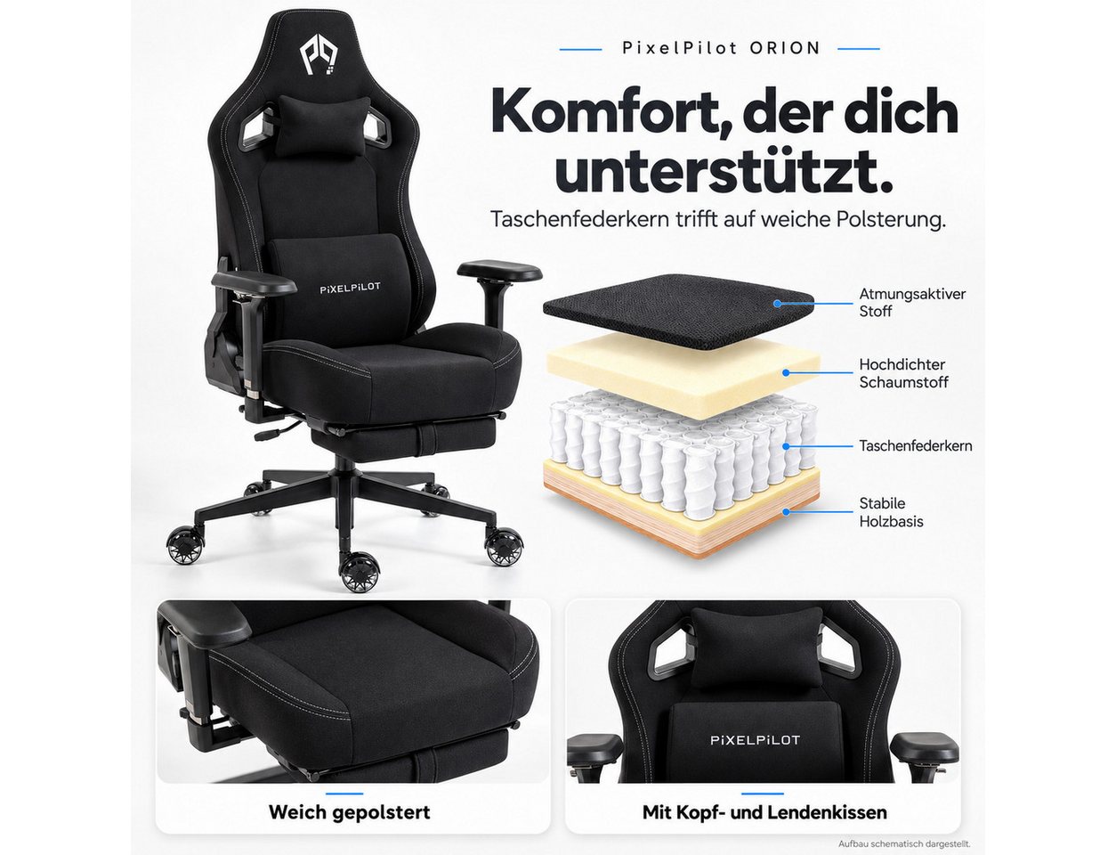 PixelPilot Gaming-Stuhl Ergonomischer Gaming-Stuhl mit 4D-Armlehnen, Taschenfedern & Fußstütze (Einzelartikel), 4D-Armlehnen, Taschenfederkern, ausziehbare Fußs – Bild 2 von 5