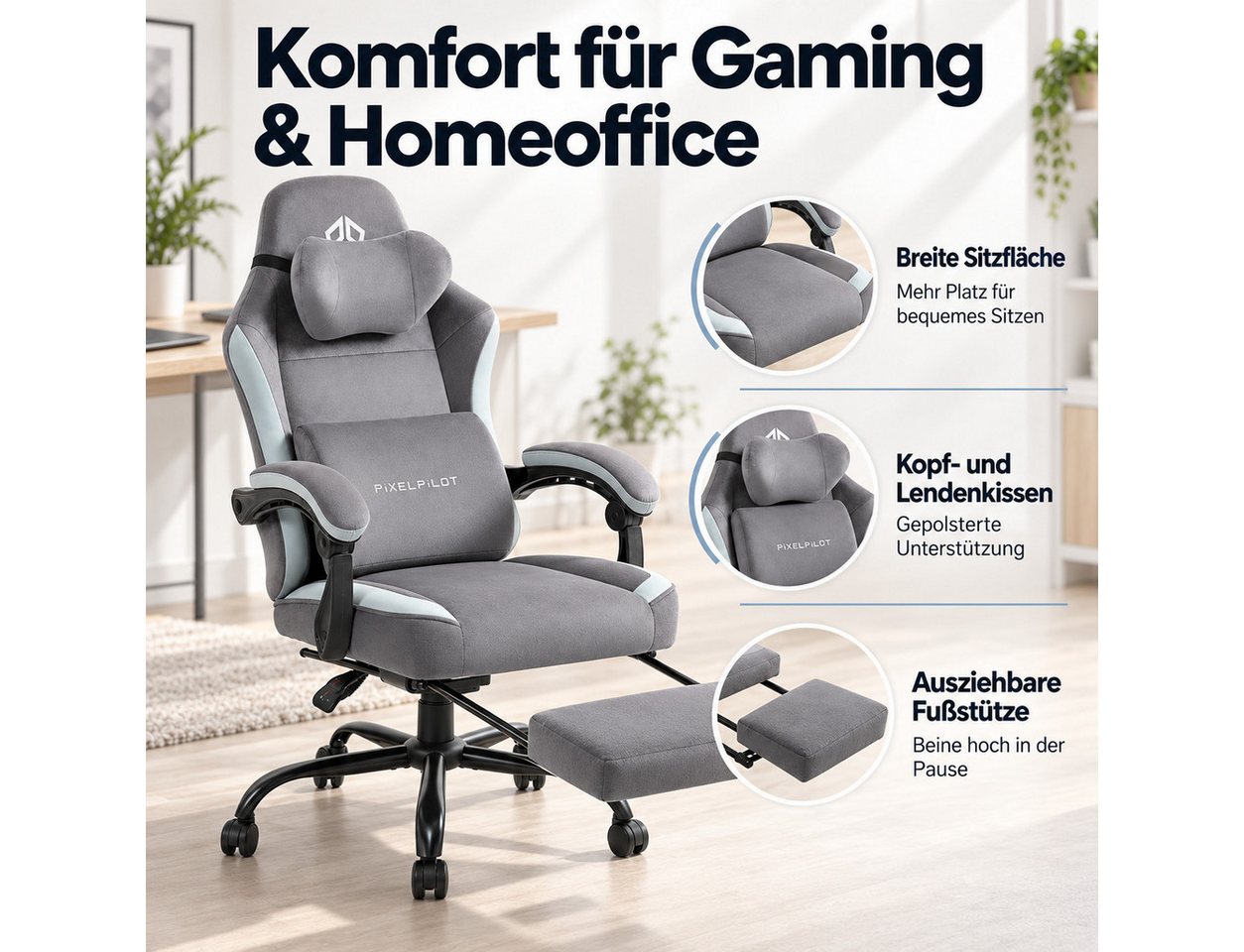 PixelPilot Gaming-Stuhl Ergonomischer Gaming-Stuhl, breite Sitzfläche, Fußstütze, bis 150 kg (Einzelartikel), Ergonomisch, atmungsaktiv, breite Sitzfläche, Rück – Bild 3 von 5