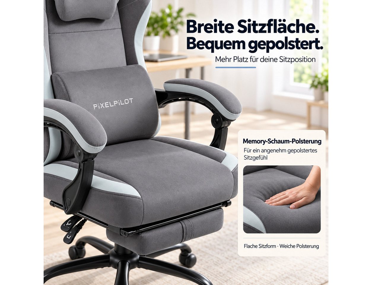 PixelPilot Gaming-Stuhl Ergonomischer Gaming-Stuhl, breite Sitzfläche, Fußstütze, bis 150 kg (Einzelartikel), Ergonomisch, atmungsaktiv, breite Sitzfläche, Rück – Bild 4 von 5