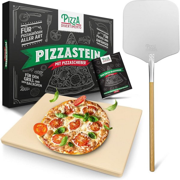 Pizza Divertimento Pizzastein Einzeln oder als Set - Für Backofen & Grill, (Cordierit-Stein - Optional mit Pizzaschieber, Schneider & Rezept-E-Book), Bis 900 Gr