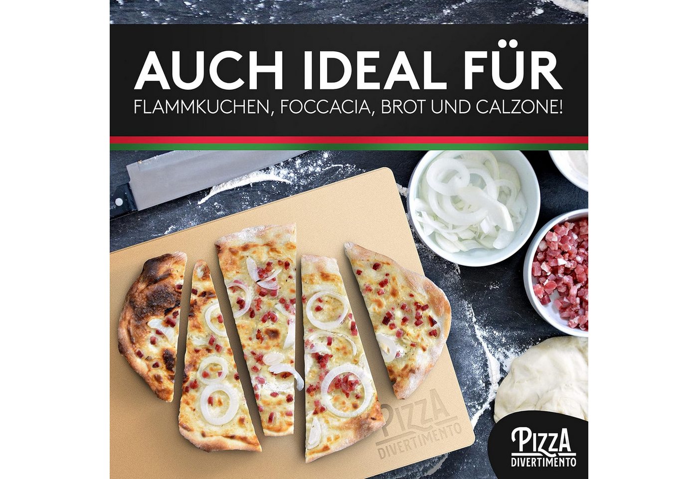 Pizza Divertimento Pizzastein Einzeln oder als Set - Für Backofen & Grill, (Cordierit-Stein - Optional mit Pizzaschieber, Schneider & Rezept-E-Book), Bis 900 Gr – Bild 5 von 5