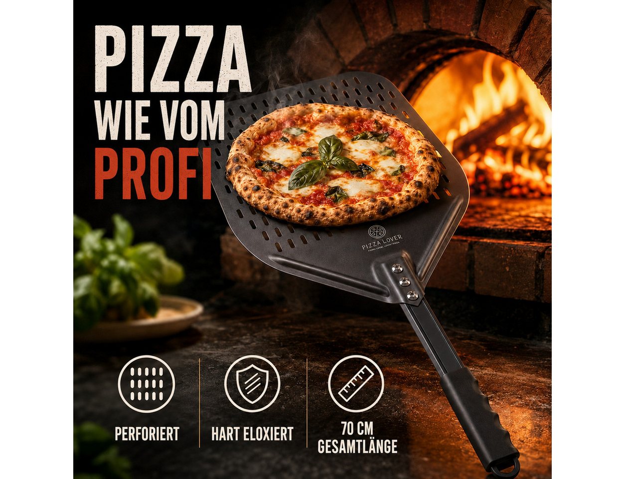 Pizza Lover Pizzaschieber Pizzaheber Harteloxierte perforierte 30x70 cm Aluminium Pizzaschaufel, Pizzaheber. Pizzaschieber 30x70 cm – Bild 2 von 5