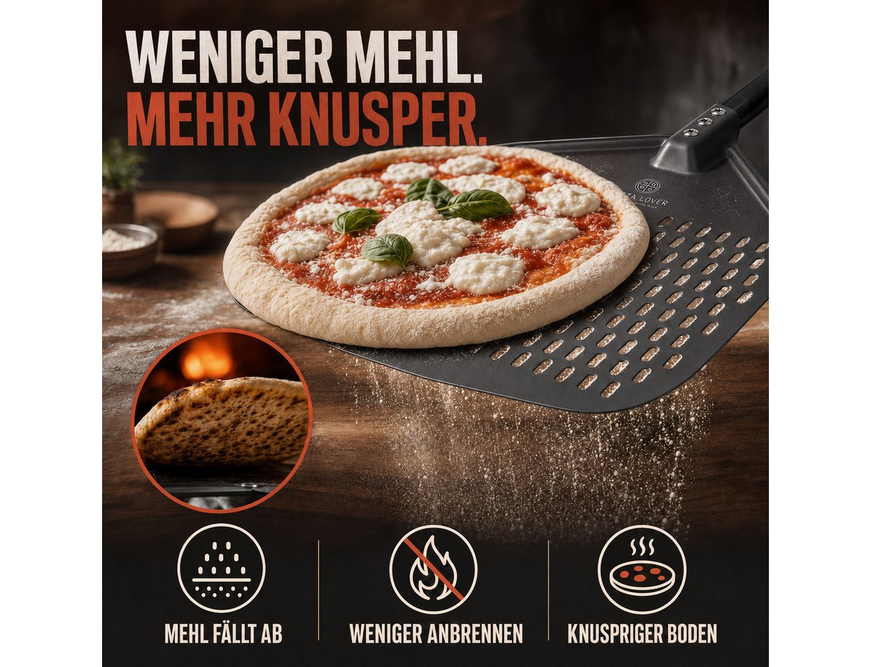 Pizza Lover Pizzaschieber Pizzaheber Harteloxierte perforierte 30x70 cm Aluminium Pizzaschaufel, Pizzaheber. Pizzaschieber 30x70 cm – Bild 3 von 5