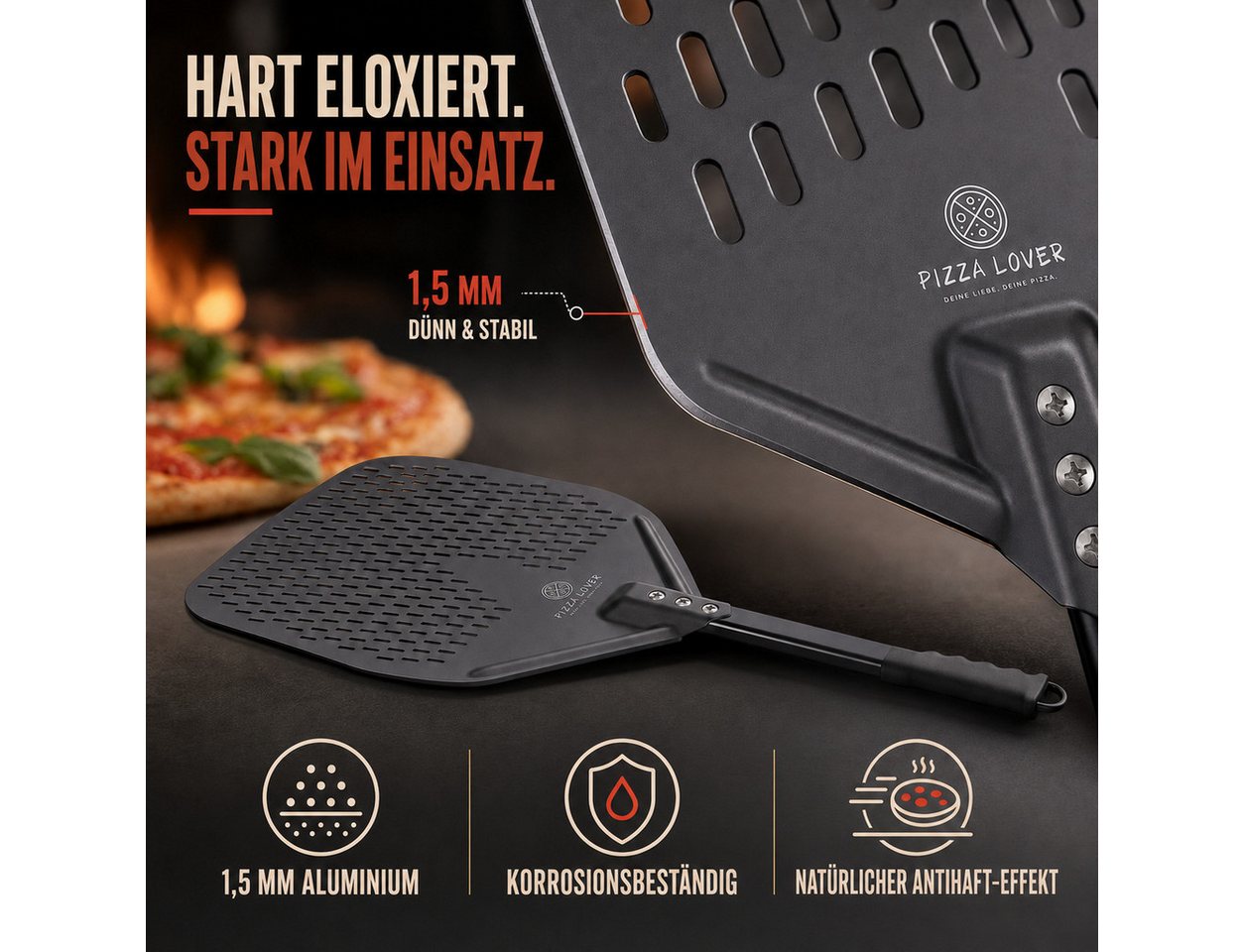 Pizza Lover Pizzaschieber Pizzaheber Harteloxierte perforierte 30x70 cm Aluminium Pizzaschaufel, Pizzaheber. Pizzaschieber 30x70 cm – Bild 4 von 5