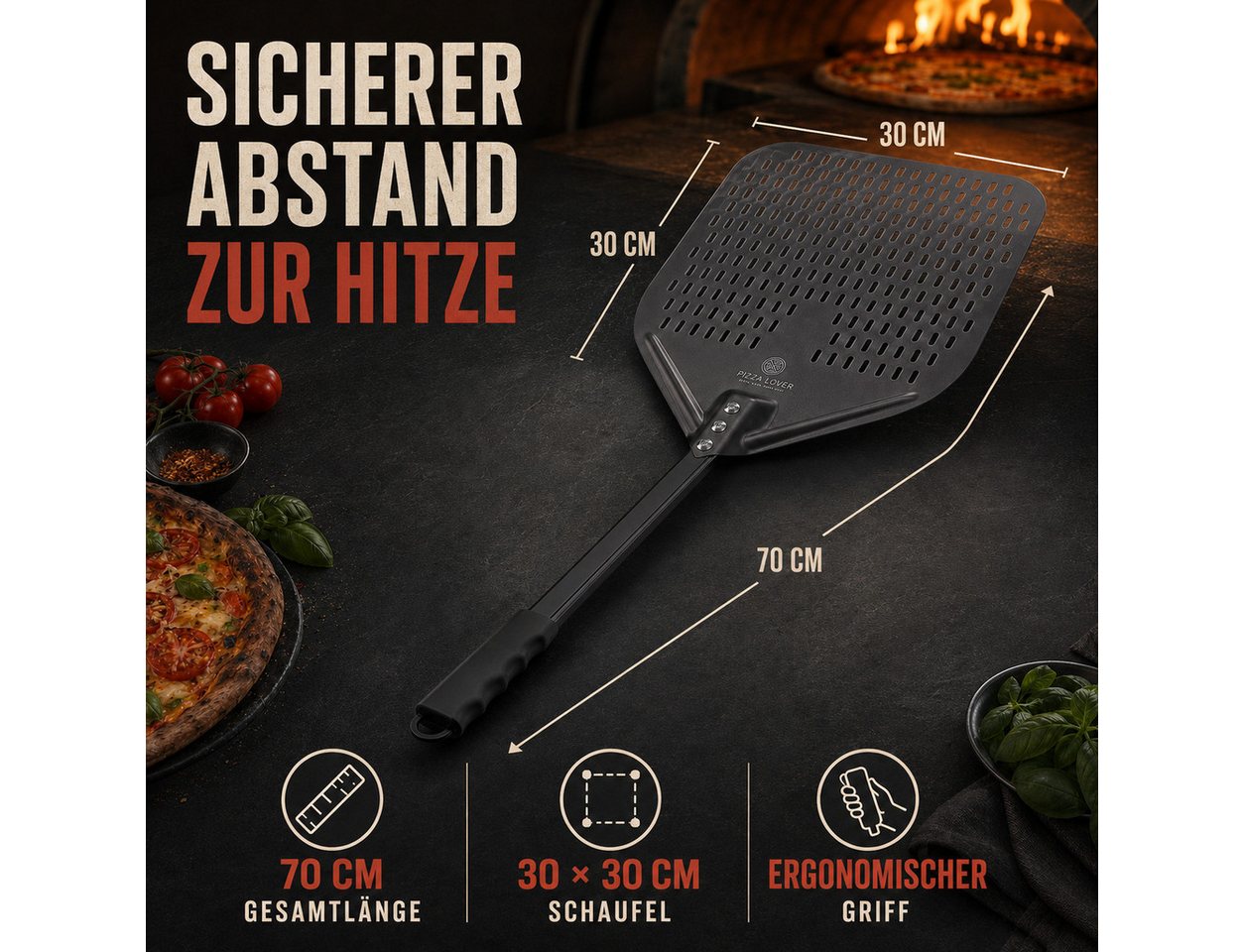 Pizza Lover Pizzaschieber Pizzaheber Harteloxierte perforierte 30x70 cm Aluminium Pizzaschaufel, Pizzaheber. Pizzaschieber 30x70 cm – Bild 5 von 5