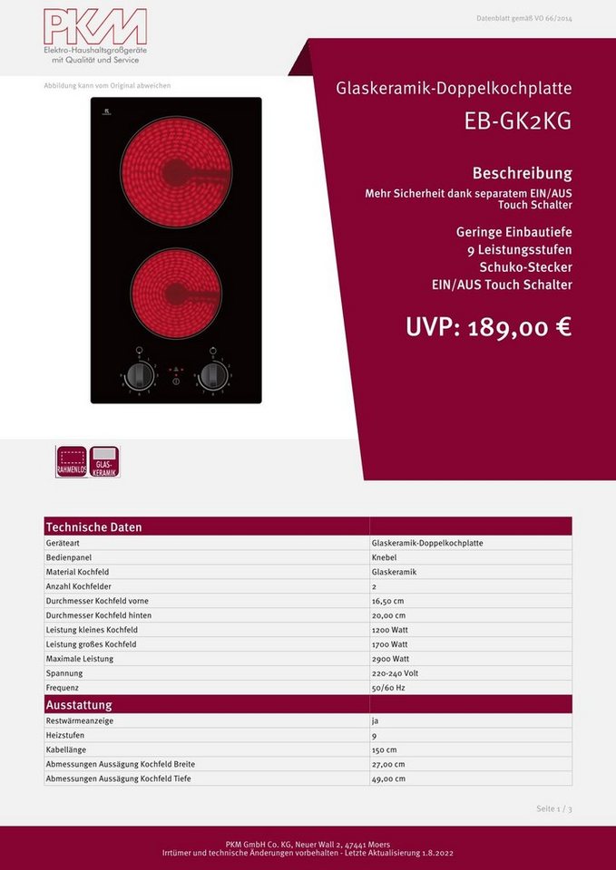 PKM Elektro-Kochfeld EB-GK2KG, Touch Control, 9 Leistungsstufen, Schuko Stecker, Rahmenlos – Bild 2 von 4