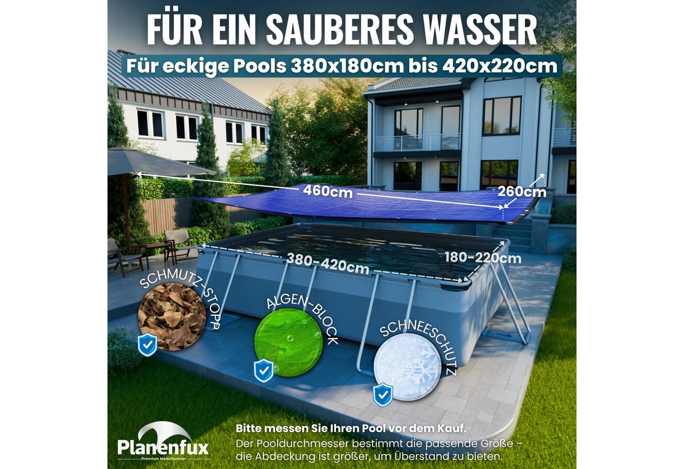 Planenfux® Pool-Abdeckplane Winterabdeckung rechteckig UV-beständig PE (Poolplane mit Stahlseil, inkl. Seilspanner), 200 g/m² wetterfest – Bild 2 von 5