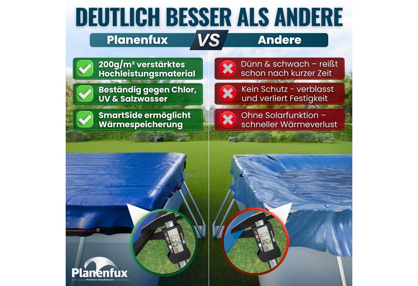 Planenfux® Pool-Abdeckplane Winterabdeckung rechteckig UV-beständig PE (Poolplane mit Stahlseil, inkl. Seilspanner), 200 g/m² wetterfest – Bild 3 von 5
