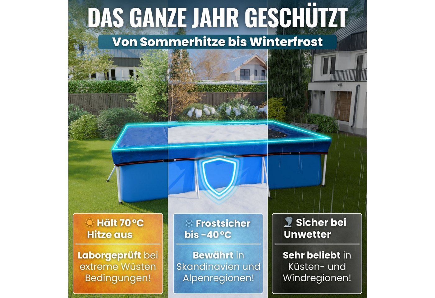 Planenfux® Pool-Abdeckplane Winterabdeckung rechteckig UV-beständig PE (Poolplane mit Stahlseil, inkl. Seilspanner), 200 g/m² wetterfest – Bild 4 von 5