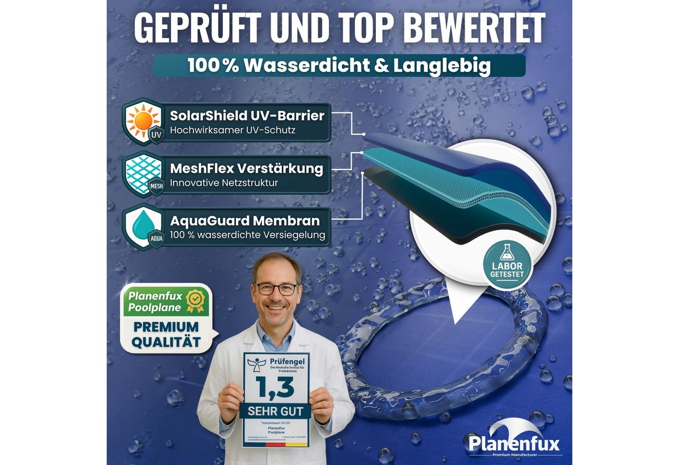 Planenfux® Pool-Abdeckplane Winterabdeckung rechteckig UV-beständig PE (Poolplane mit Stahlseil, inkl. Seilspanner), 200 g/m² wetterfest – Bild 5 von 5
