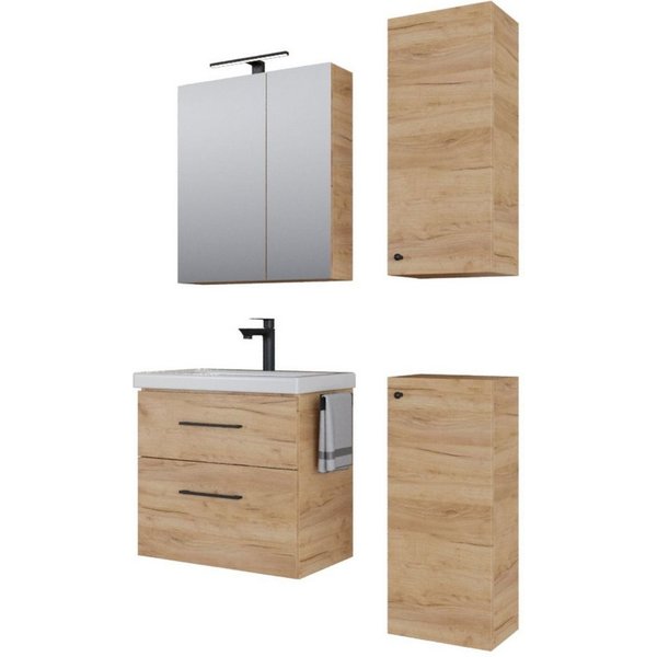 Planetmöbel Badmöbel-Set Badmöbel-Set mit Spiegelschrank 63cm und 2x Midischrank, (Waschbecken mit Unterschrank, Spiegelschrank Bad mit Beleuchtung)