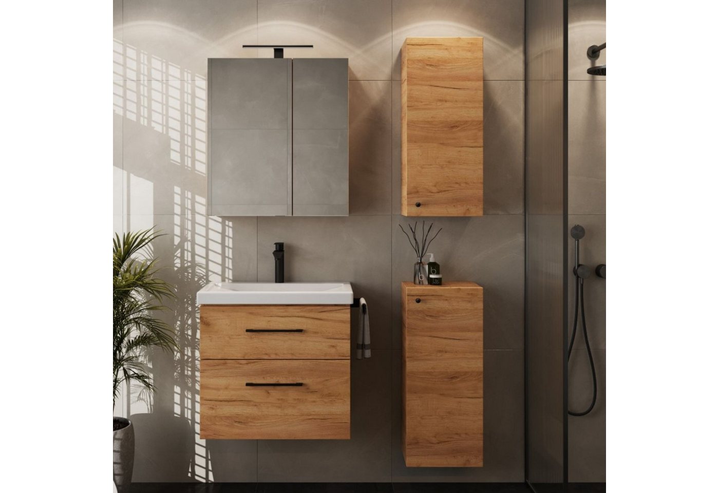 Planetmöbel Badmöbel-Set Badmöbel-Set mit Spiegelschrank 63cm und 2x Midischrank, (Waschbecken mit Unterschrank, Spiegelschrank Bad mit Beleuchtung) – Bild 2 von 5