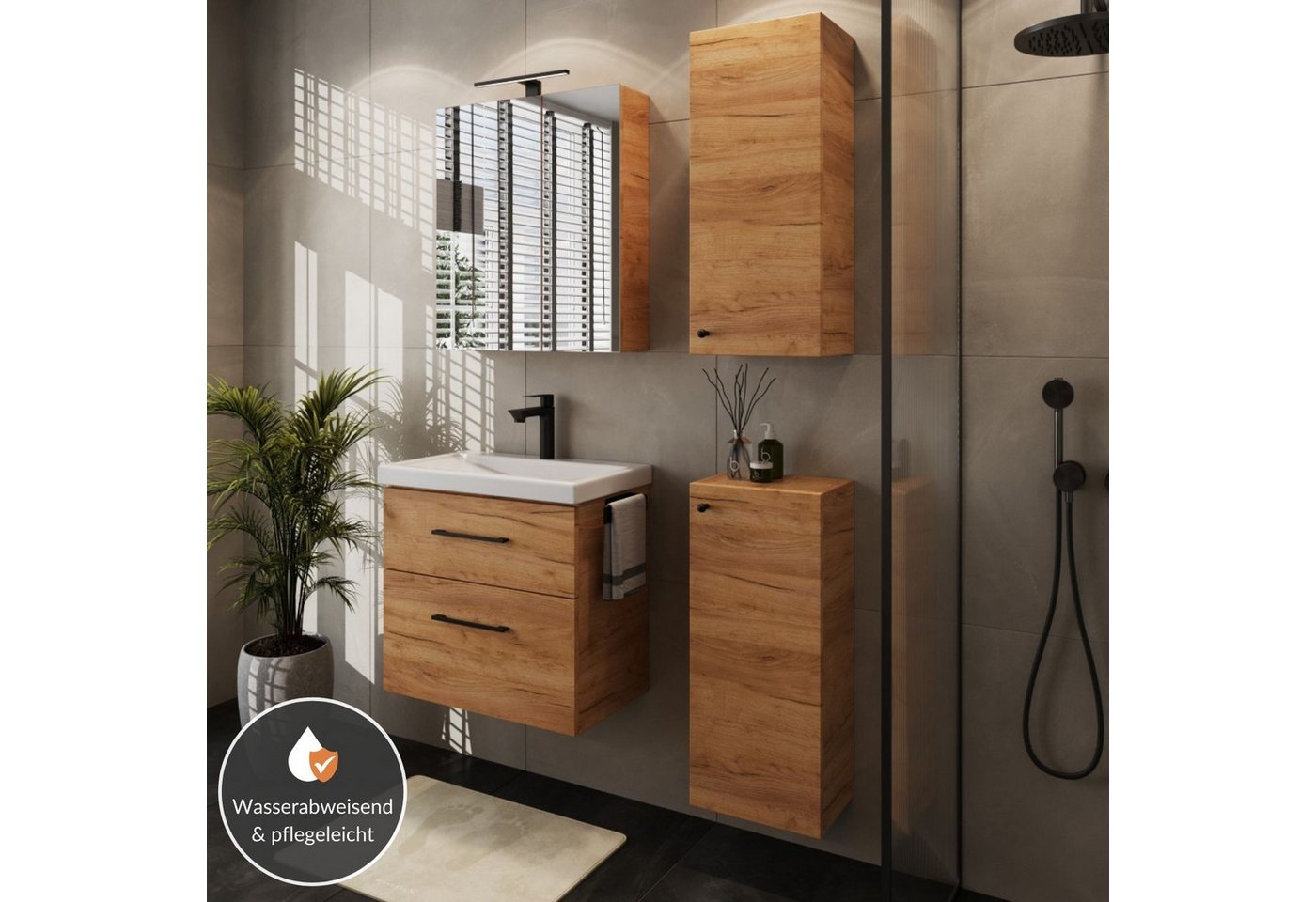 Planetmöbel Badmöbel-Set Badmöbel-Set mit Spiegelschrank 63cm und 2x Midischrank, (Waschbecken mit Unterschrank, Spiegelschrank Bad mit Beleuchtung) – Bild 3 von 5