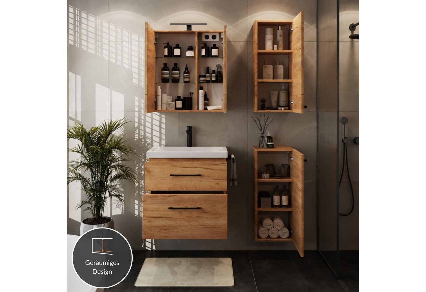 Planetmöbel Badmöbel-Set Badmöbel-Set mit Spiegelschrank 63cm und 2x Midischrank, (Waschbecken mit Unterschrank, Spiegelschrank Bad mit Beleuchtung) – Bild 4 von 5