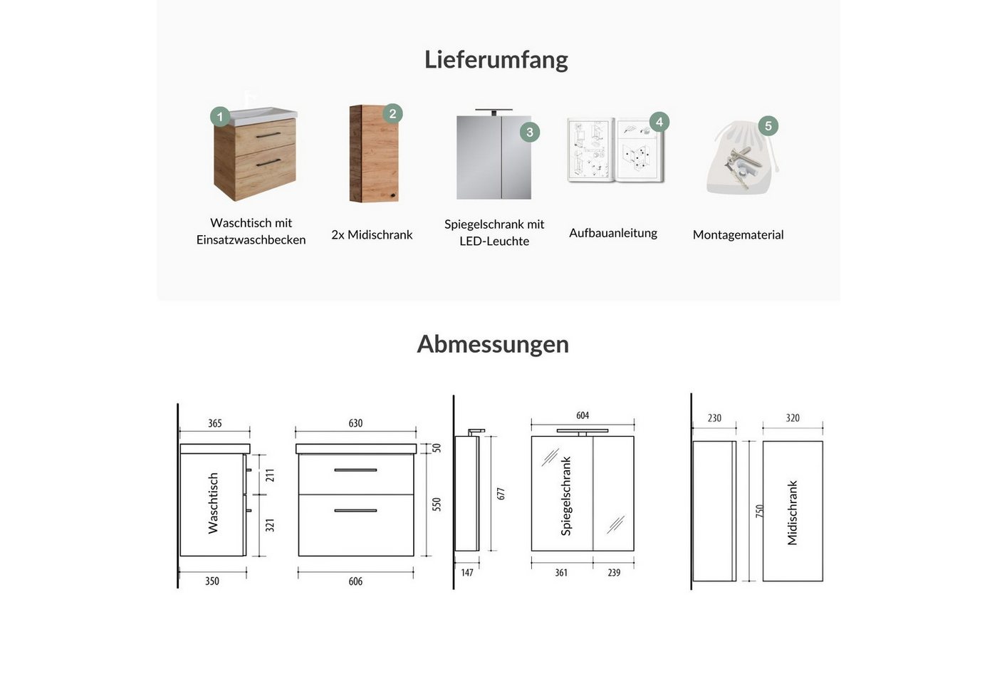 Planetmöbel Badmöbel-Set Badmöbel-Set mit Spiegelschrank 63cm und 2x Midischrank, (Waschbecken mit Unterschrank, Spiegelschrank Bad mit Beleuchtung) – Bild 5 von 5
