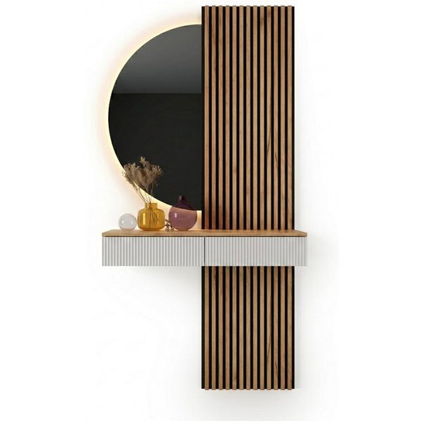 Planetmöbel Garderoben-Set AMYRA Flur Garderobe Spiegel mit Beleuchtung & Akustikpaneele, (LED Spiegel NIVORA 50 x 100 cm, Touch-Funktion, Dimmbar, Konsolentisc