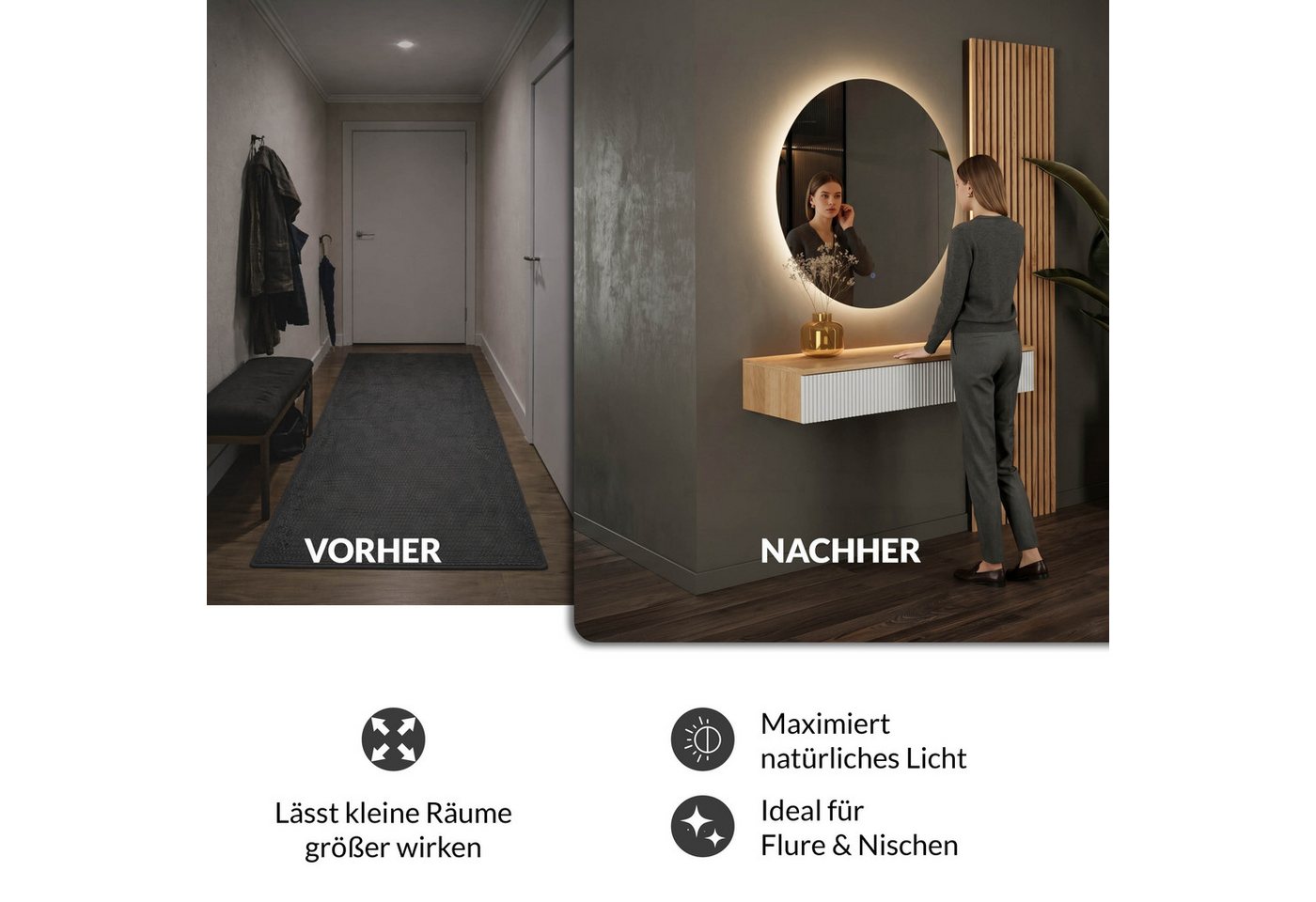 Planetmöbel Konsolentisch AMYRA Flurtisch 100 cm, NOVA Spiegel mit Beleuchtung 60 - 100 cm (Konsolentisch 100 cm, inkl. Spiegel mit Beleuchtung rund 80x80 cm),  – Bild 2 von 5