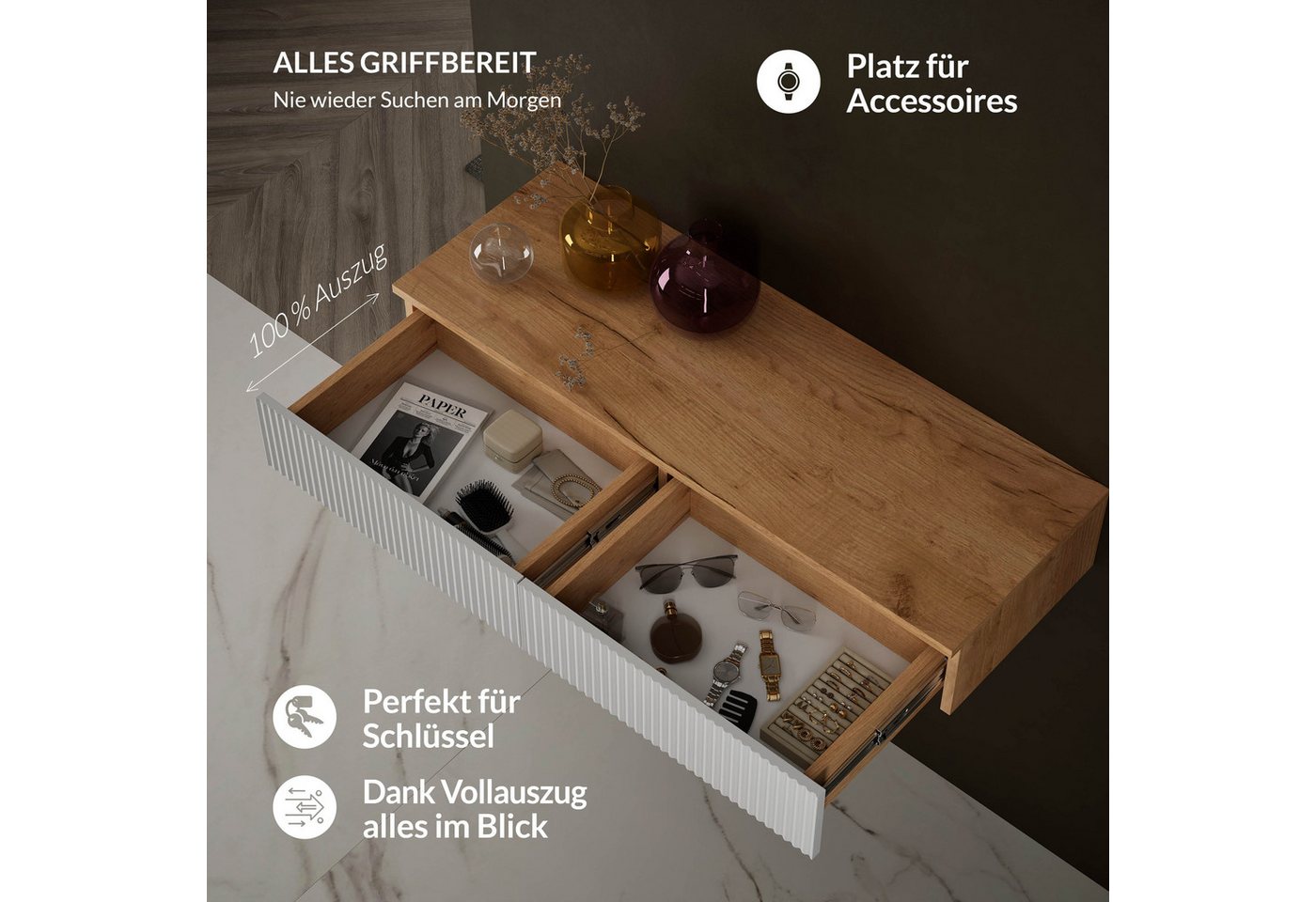 Planetmöbel Konsolentisch AMYRA Flurtisch 100 cm, NOVA Spiegel mit Beleuchtung 60 - 100 cm (Konsolentisch 100 cm, inkl. Spiegel mit Beleuchtung rund 80x80 cm),  – Bild 3 von 5