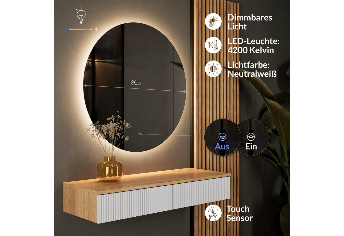 Planetmöbel Konsolentisch AMYRA Flurtisch 100 cm, NOVA Spiegel mit Beleuchtung 60 - 100 cm (Konsolentisch 100 cm, inkl. Spiegel mit Beleuchtung rund 80x80 cm),  – Bild 4 von 5