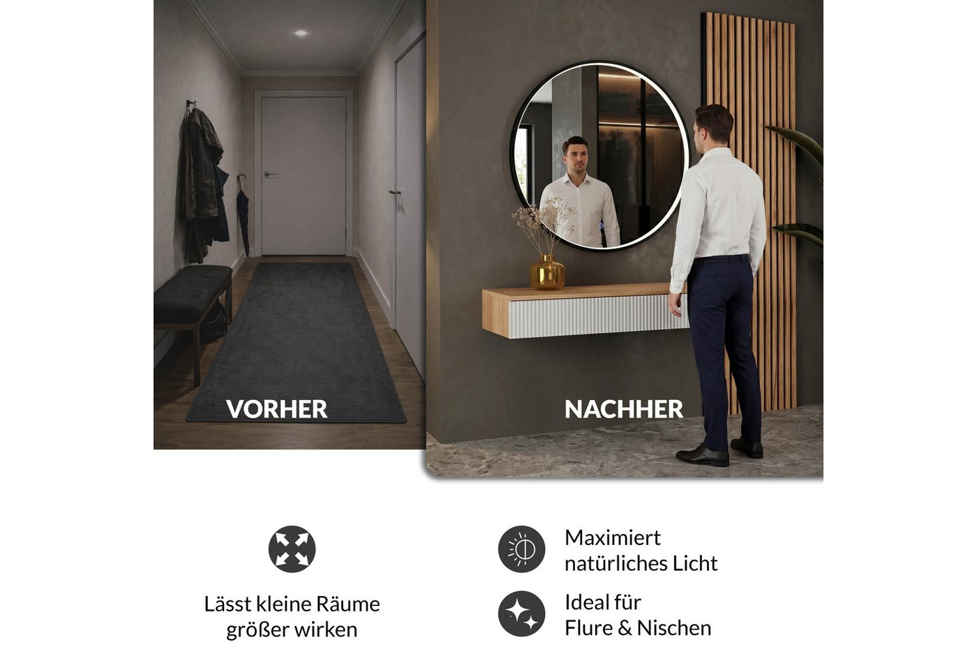 Planetmöbel Konsolentisch AMYRA Flurtisch 100 cm, VELUNA Spiegel mit Beleuchtung 60 - 100 cm (Konsolentisch 100 cm, inkl. Spiegel mit Beleuchtung rund 80x80 cm) – Bild 3 von 5