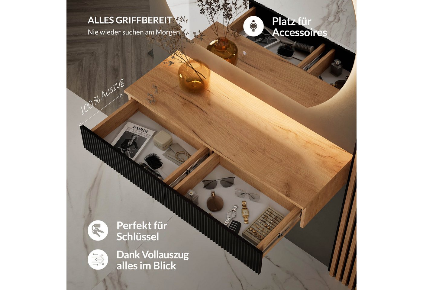 Planetmöbel Konsolentisch AMYRA (Konsolentisch 100 cm, inkl. Spiegel mit Beleuchtung rund 100x90 cm), Wandkonsole & Wandspiegel Flur Set – Bild 3 von 5