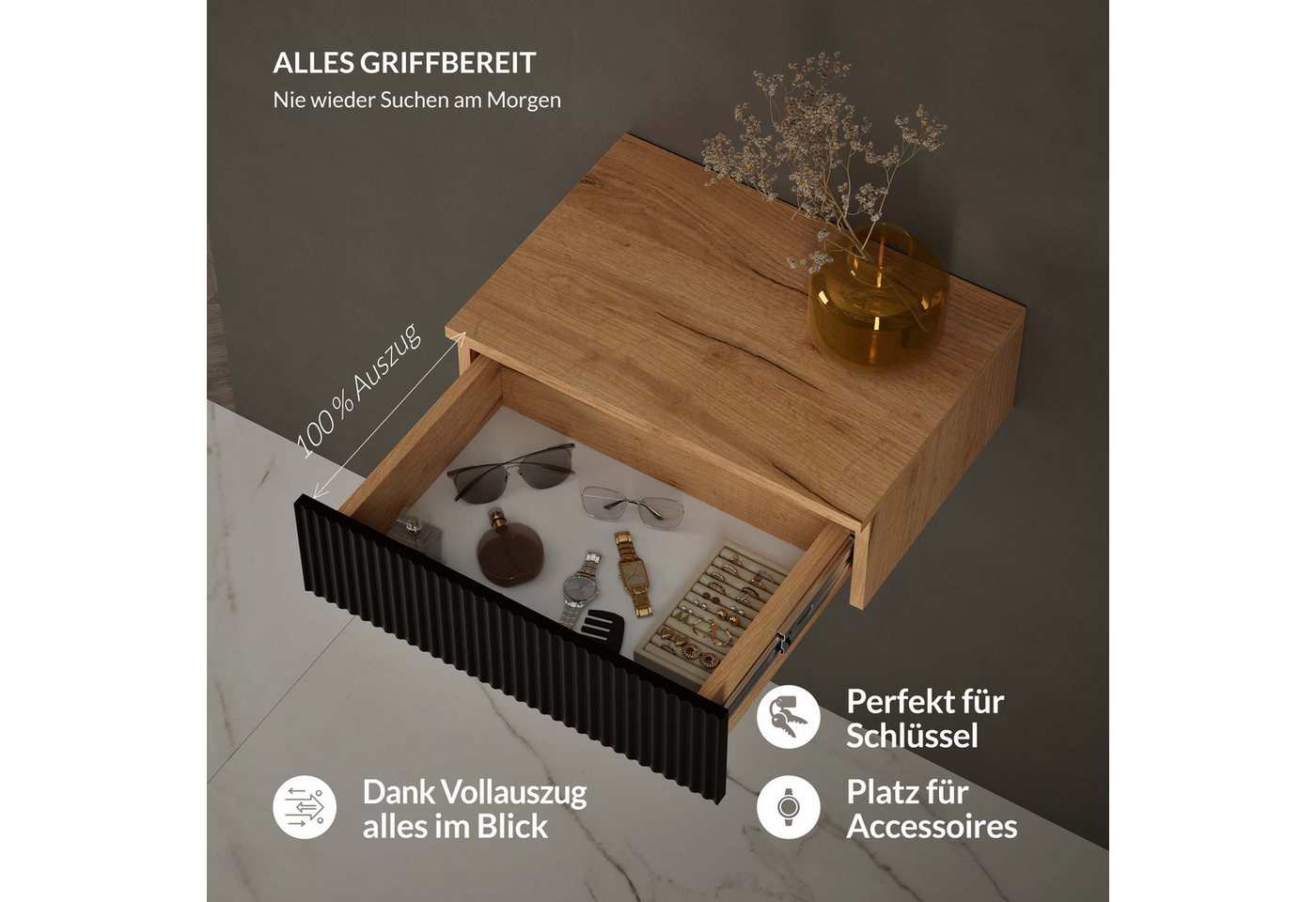 Planetmöbel Konsolentisch AMYRA (Wandmontage, 50 x 16 x 35 cm, 1-St., Gold Eiche - Schwarz), Wand-Konsole für Garderobe, Flur und Schminktisch – Bild 3 von 5