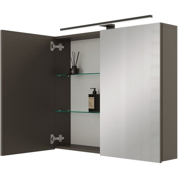 Planetmöbel Spiegelschrank ARIA Badschrank 80 cm mit Beleuchtung & Steckdose, Glaseinlegeböden (Spiegelschrank Bad mit Beleuchtung 80 x 70 x 16 cm, 3-St., Badsp