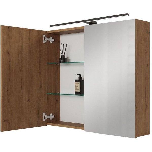 Planetmöbel Spiegelschrank ARIA Badschrank 80 cm mit Beleuchtung & Steckdose, Glaseinlegeböden (Spiegelschrank Bad mit Beleuchtung 80 x 70 x 16 cm, 3-St., Badsp