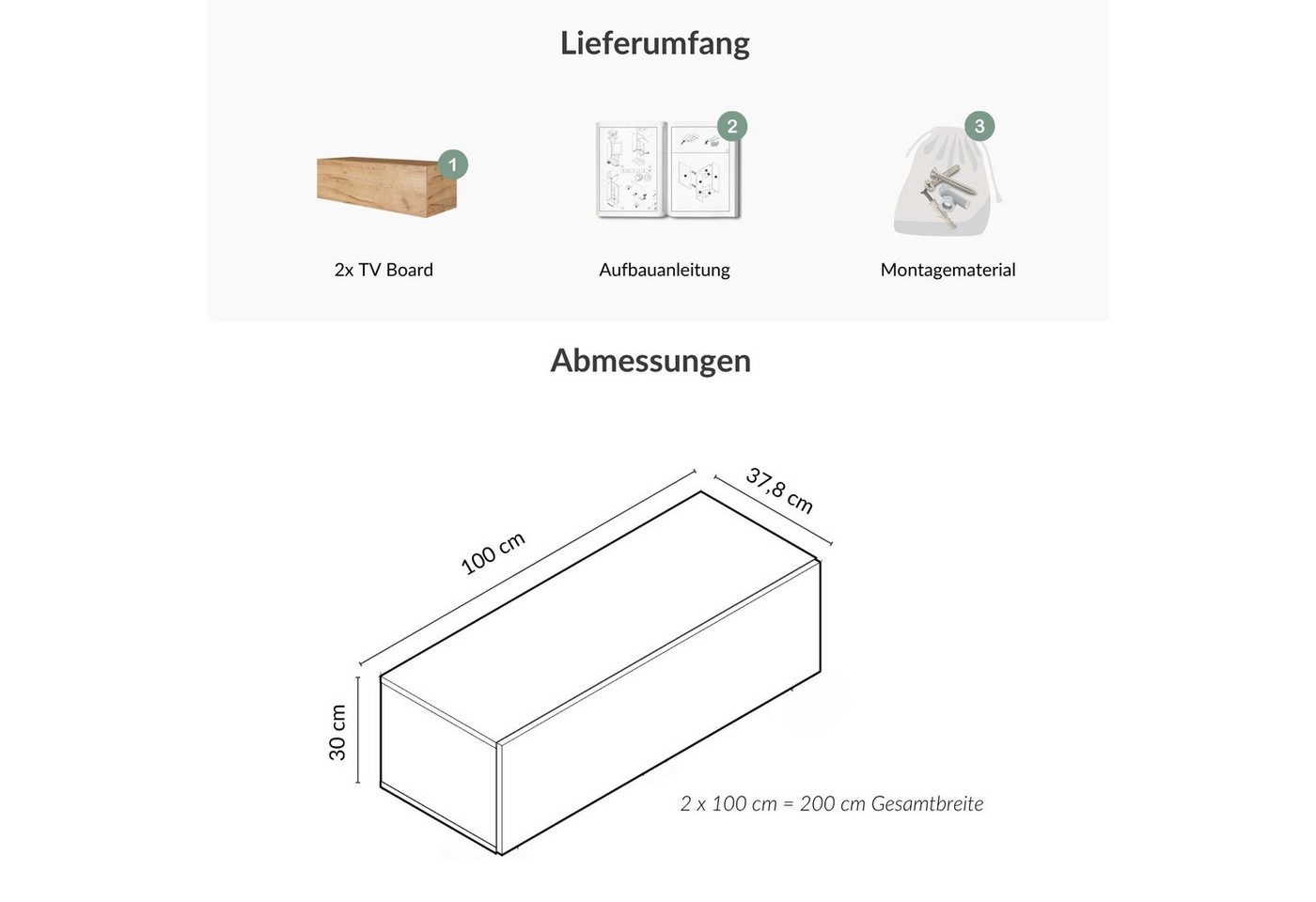 Planetmöbel TV-Schrank West TV-Board, Fernsehtisch 200 cm lang, TV-Lowboard (für Fernseher bis 55 Zoll, TV Schrank viel Stauraum, 2-St., sideboard hängend, Fern – Bild 5 von 5
