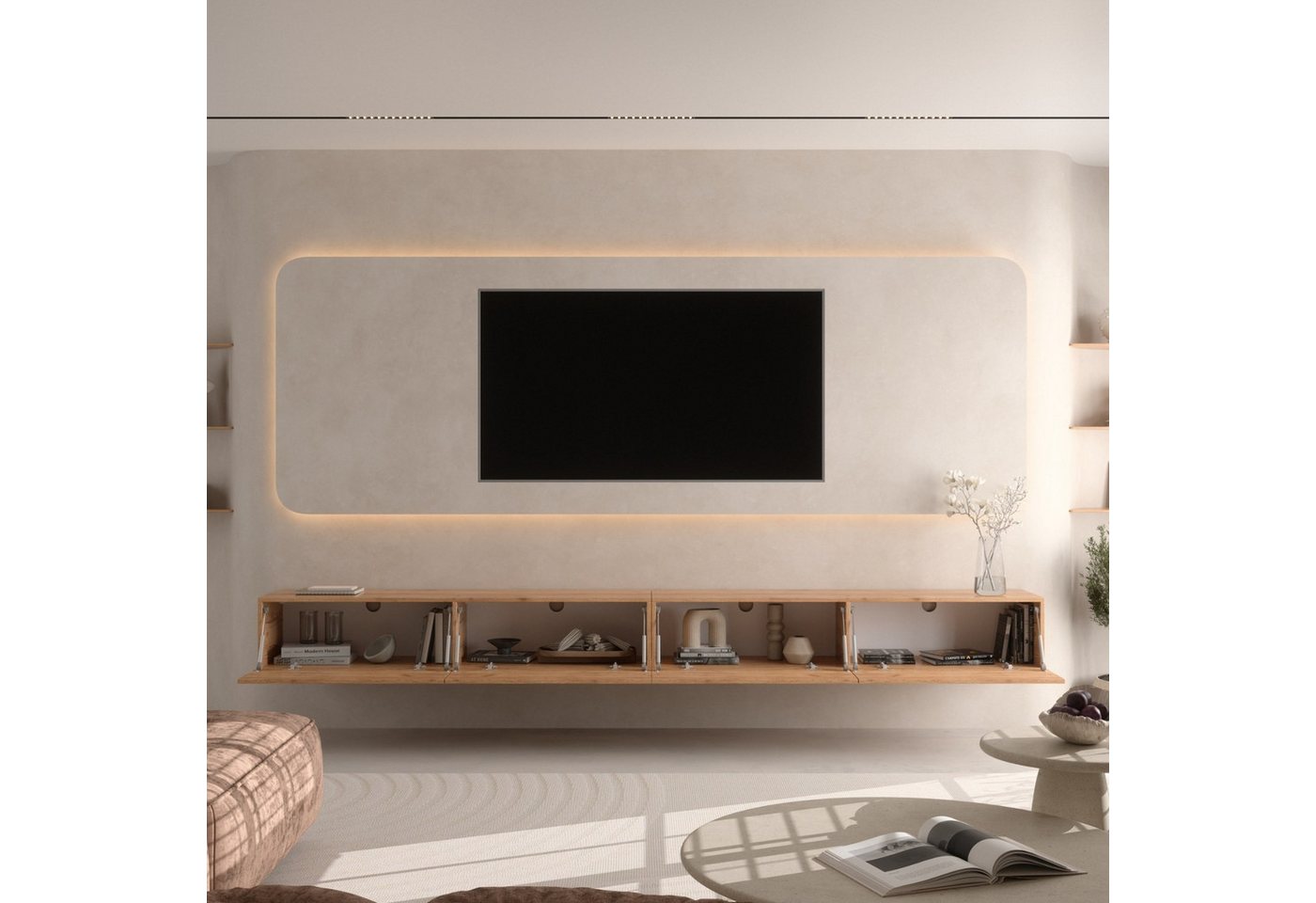 Planetmöbel TV-Schrank West TV-Board, Fernsehtisch 320 cm lang, TV-Lowboard (für Fernseher bis 75 Zoll, TV Schrank viel Stauraum, 2-St., sideboard hängend, Fern – Bild 4 von 5
