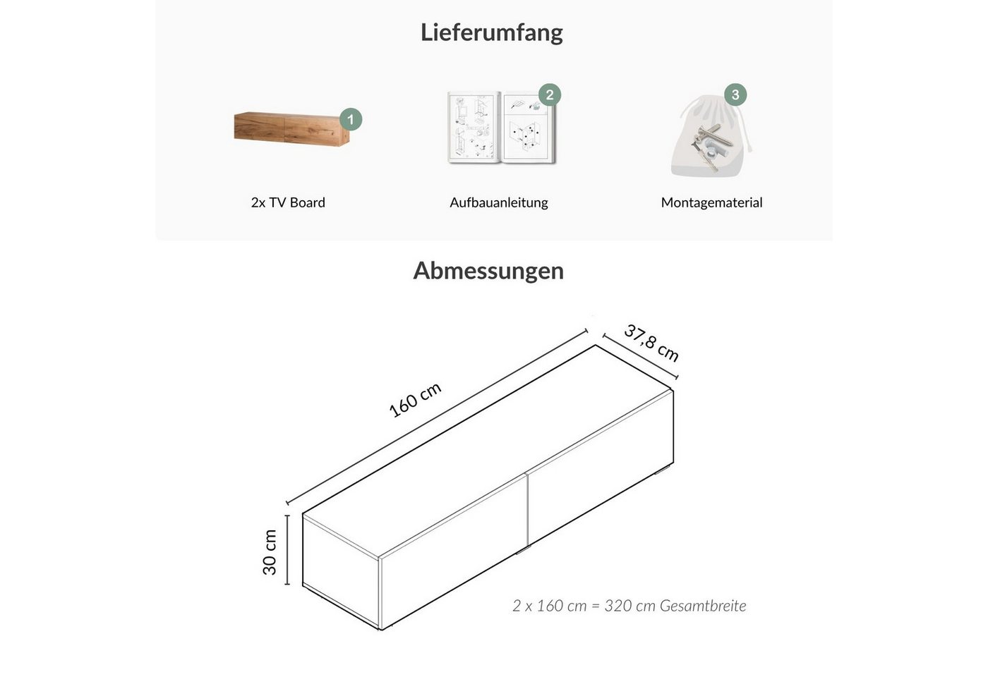 Planetmöbel TV-Schrank West TV-Board, Fernsehtisch 320 cm lang, TV-Lowboard (für Fernseher bis 75 Zoll, TV Schrank viel Stauraum, 2-St., sideboard hängend, Fern – Bild 5 von 5