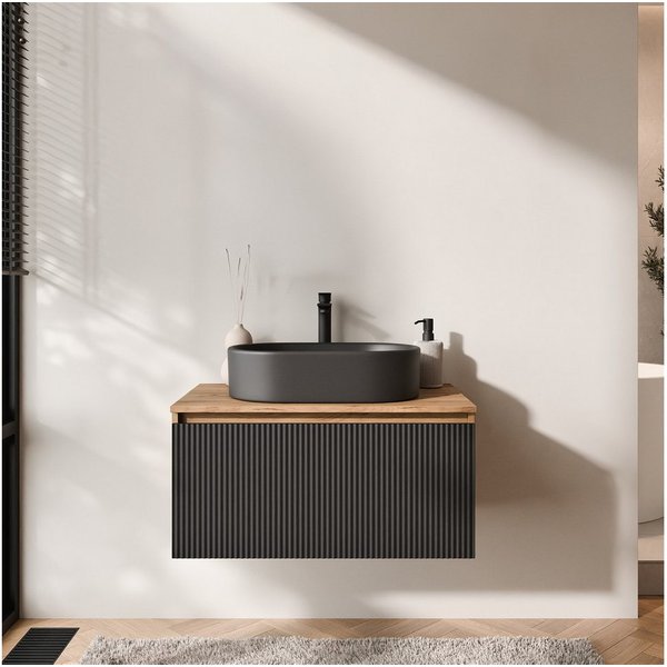 Planetmöbel Waschtisch-Set Arisa 2 teilig, Waschtisch mit Unterschrank 80 cm, Waschbecken 55 cm, (Waschtischunterschrank hängend für Gäste WC & Bad, schwarz ger