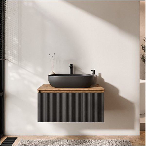 Planetmöbel Waschtisch-Set Arisa 2 teilig, Waschtisch mit Unterschrank 80 cm, Waschbecken 60 cm, (Waschtischunterschrank hängend für Gäste WC & Bad, schwarz ger