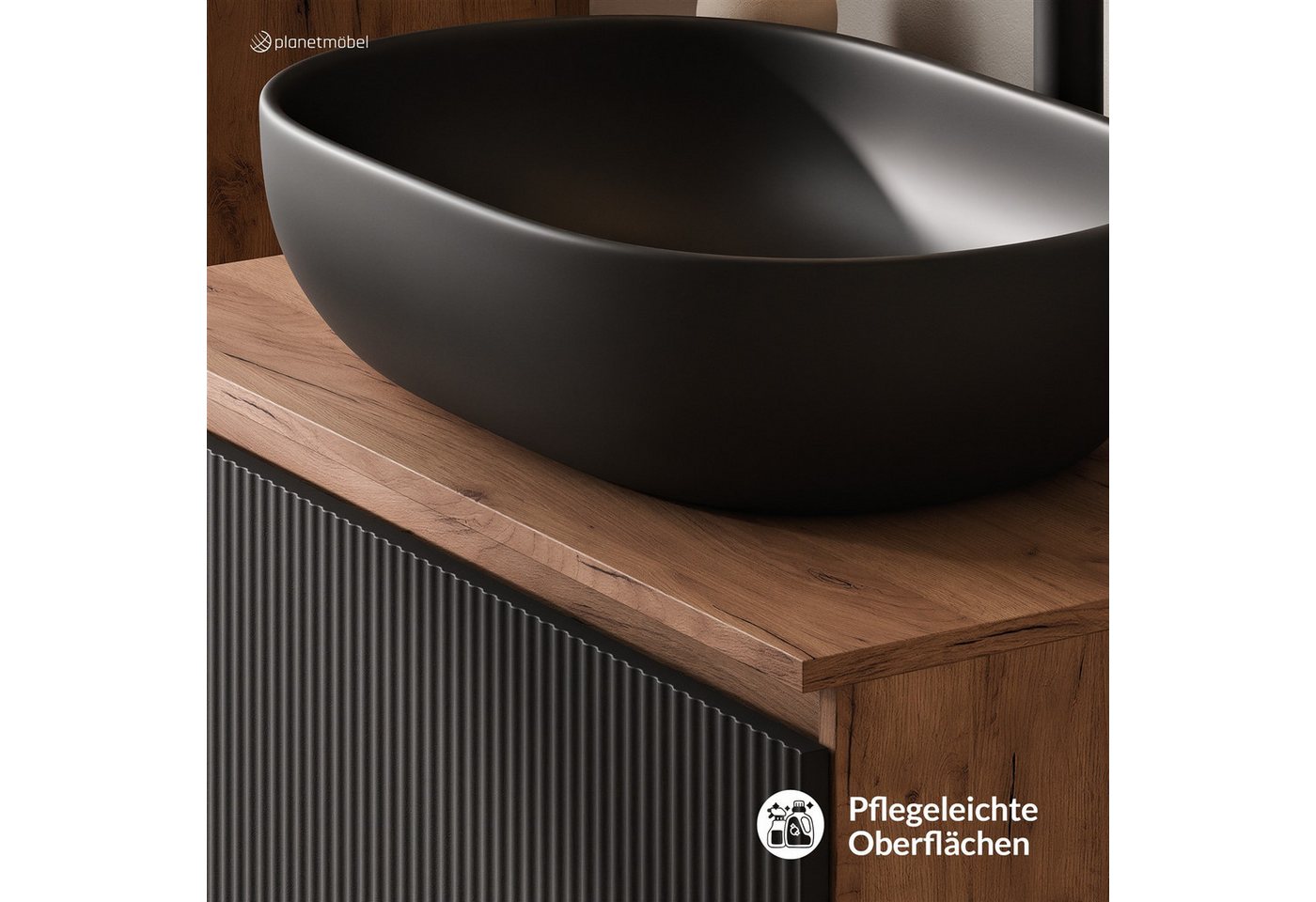 Planetmöbel Waschtisch-Set Arisa 2 teilig, Waschtisch mit Unterschrank 80 cm, Waschbecken 60 cm, (Waschtischunterschrank hängend für Gäste WC & Bad, schwarz ger – Bild 2 von 5