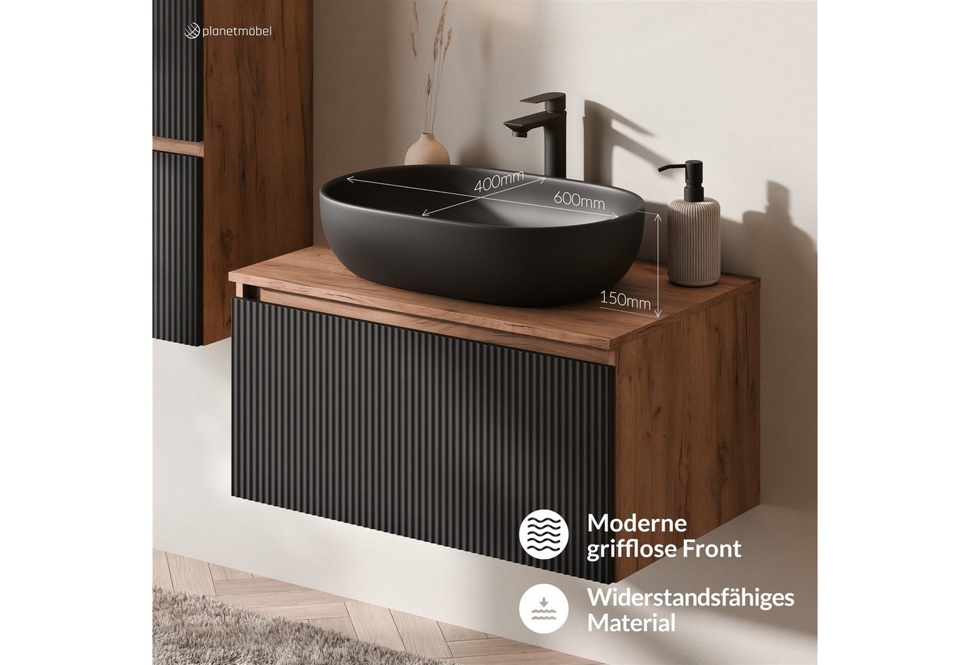 Planetmöbel Waschtisch-Set Arisa 2 teilig, Waschtisch mit Unterschrank 80 cm, Waschbecken 60 cm, (Waschtischunterschrank hängend für Gäste WC & Bad, schwarz ger – Bild 5 von 5
