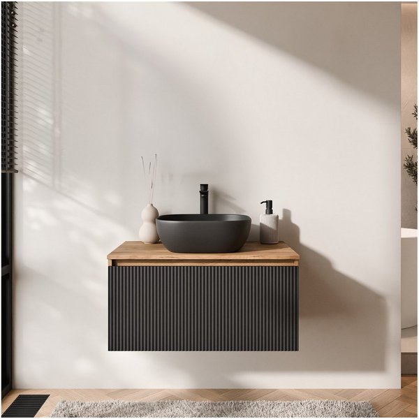 Planetmöbel Waschtisch-Set Arisa 2 teilig, Waschtisch mit Unterschrank 80 cm, Waschbecken 42 cm, (Waschtischunterschrank hängend für Gäste WC & Bad, schwarz ger