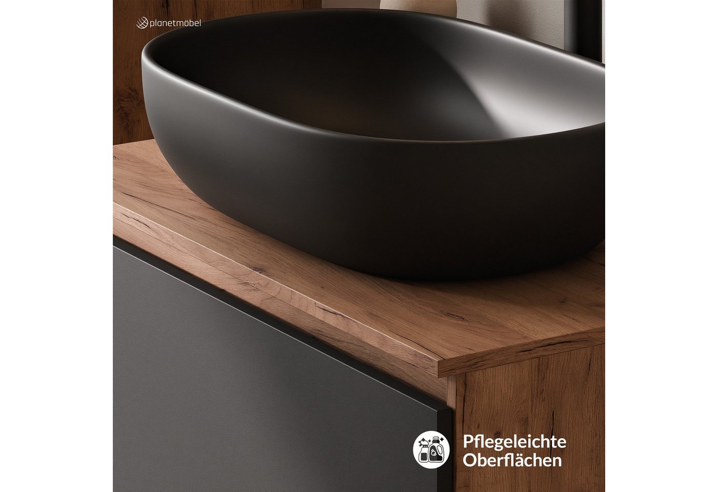 Planetmöbel Waschtisch-Set Arisa 2 teilig, Waschtisch mit Unterschrank 80 cm, Waschbecken 60 cm, (Waschtischunterschrank hängend für Gäste WC & Bad, schwarz, Ba – Bild 2 von 5