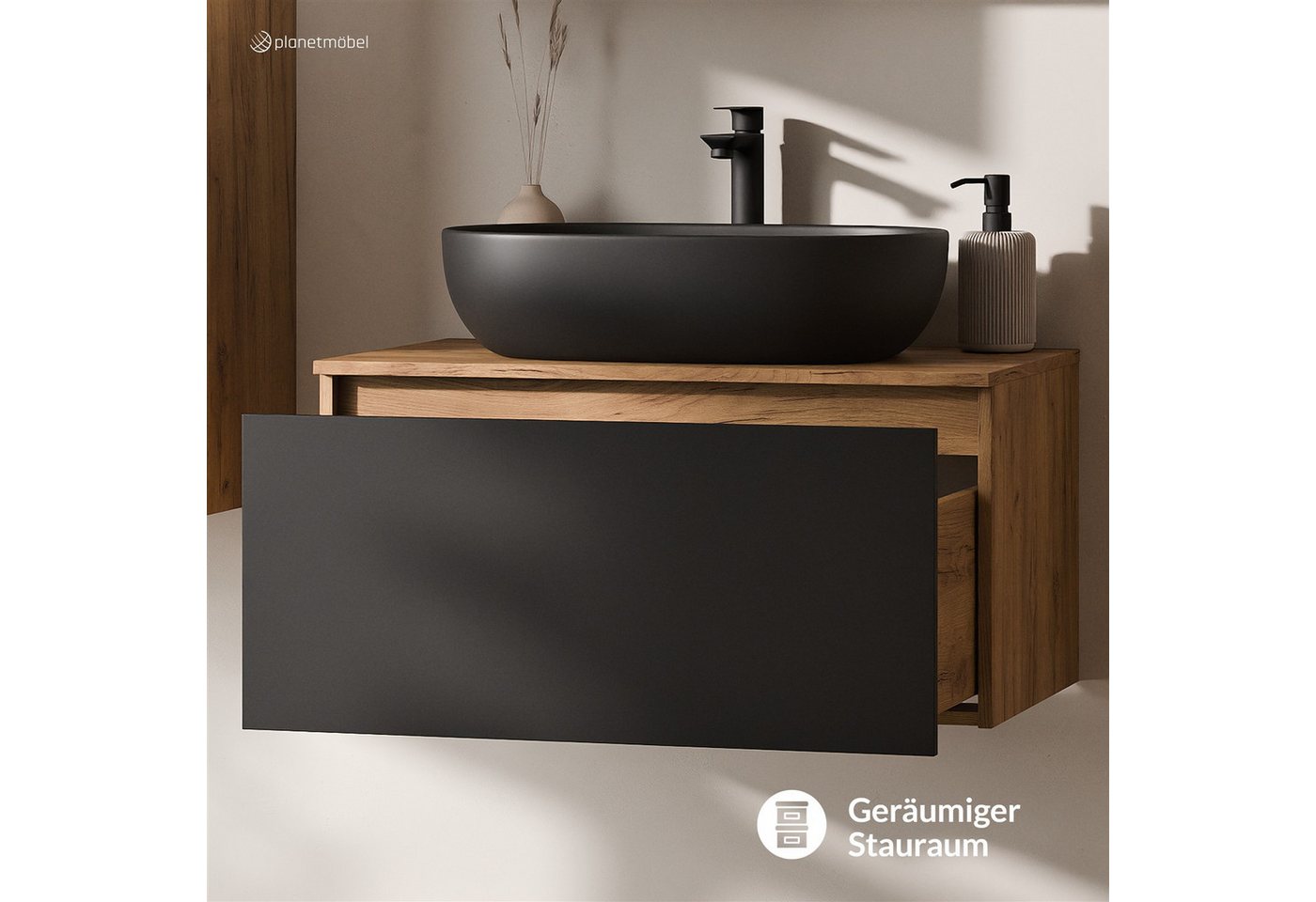 Planetmöbel Waschtisch-Set Arisa 2 teilig, Waschtisch mit Unterschrank 80 cm, Waschbecken 60 cm, (Waschtischunterschrank hängend für Gäste WC & Bad, schwarz, Ba – Bild 3 von 5